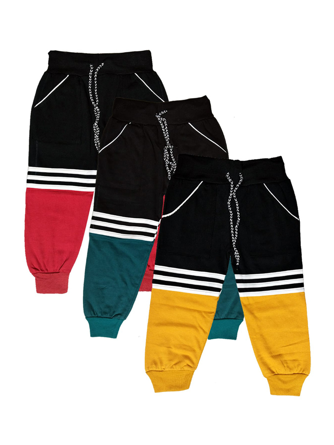 BAESD Kids Pack Of 3 Coloblocked Pure Cotton Joggers