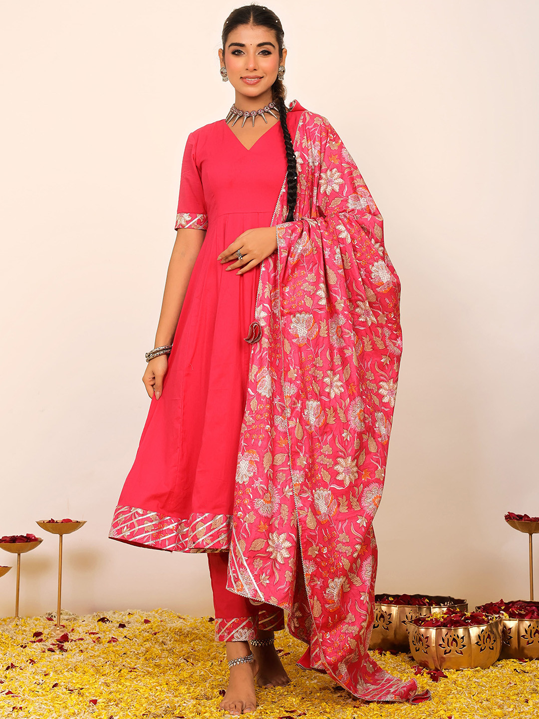 KAORI BY SHREYA AGARWAL Printed V-Neck Short Sleeves Cotton Kurta Set