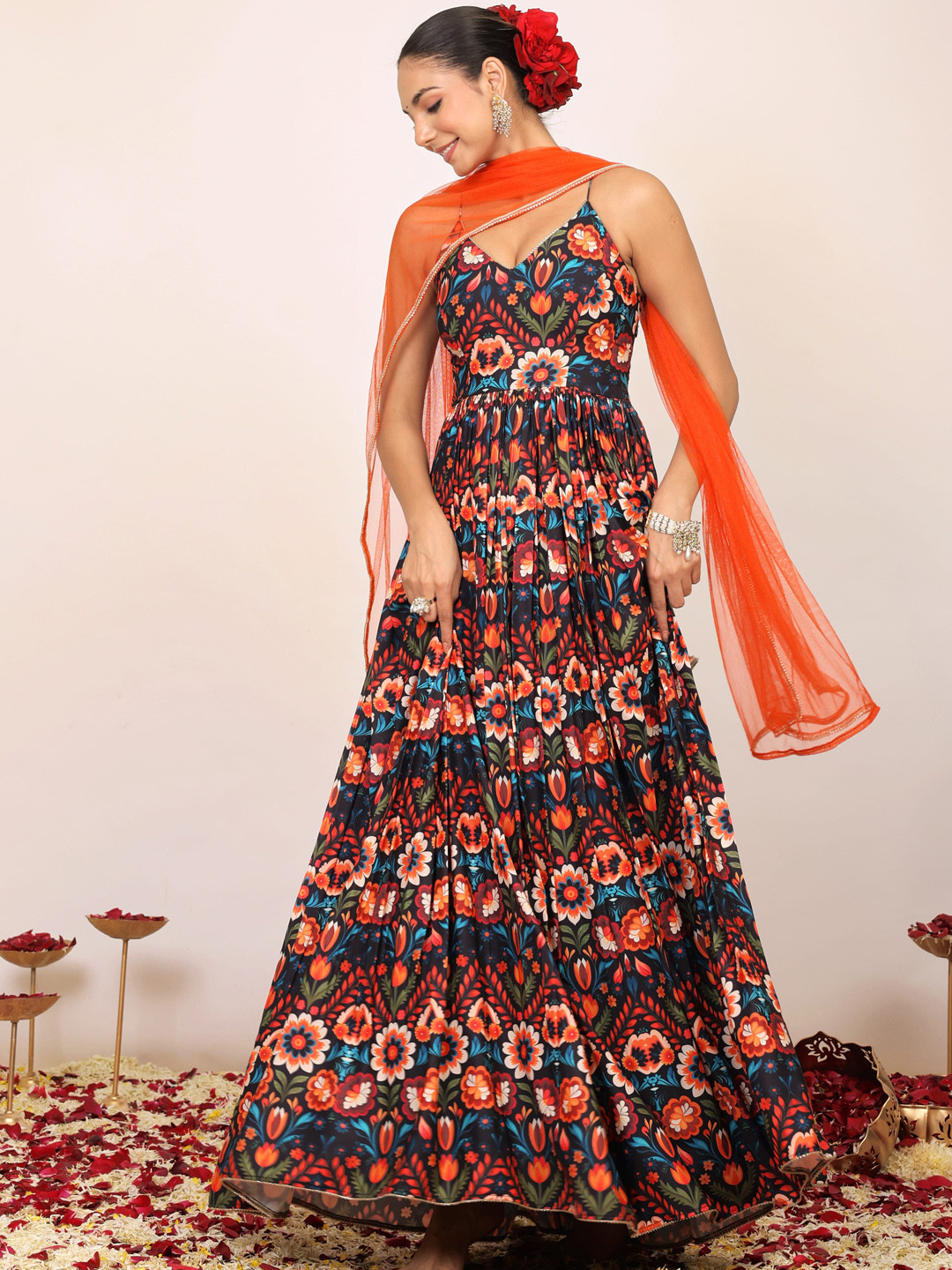 KAORI BY SHREYA AGARWAL Floral Printed Shoulder Straps Anarkali Kurta With Orange Dupatta