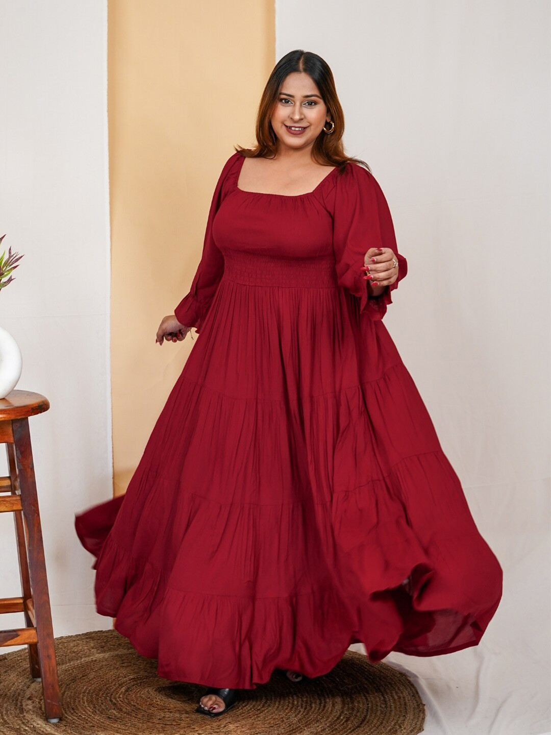 DEEBACO Square Neck Puff Sleeve Opaque Maxi Plus Size Dress
