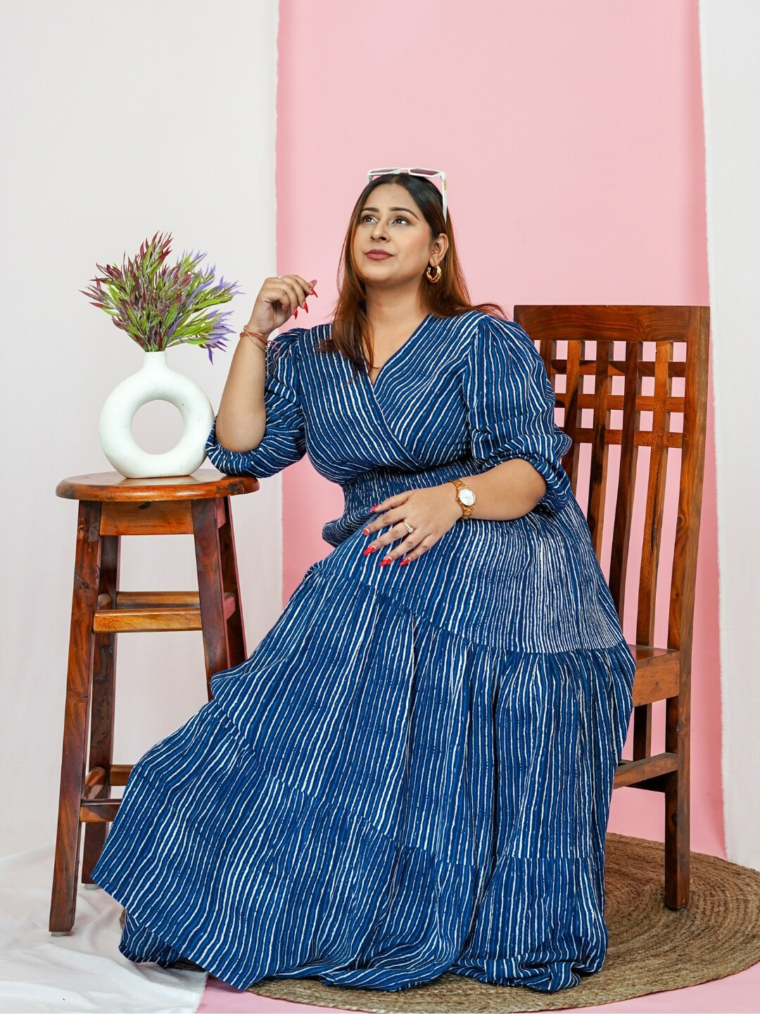 DEEBACO Plus Size Striped Puff Sleeves Smocked Tiered Maxi Dress