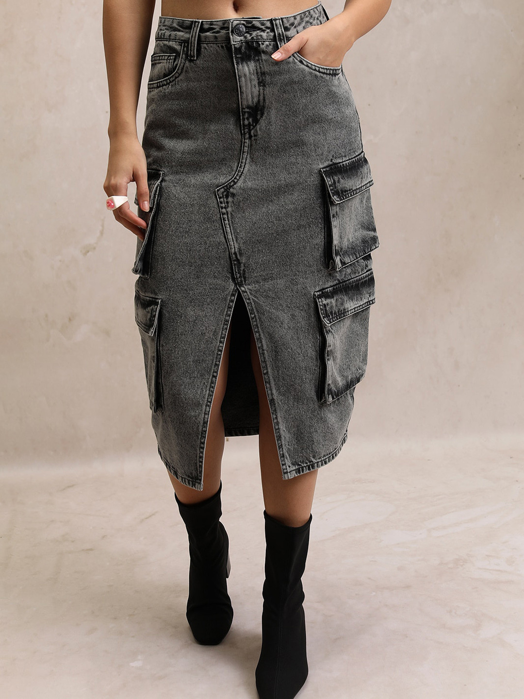 Tokyo Talkies Grey Washed Pure Cotton Denim Cargo Straight Midi Skirt