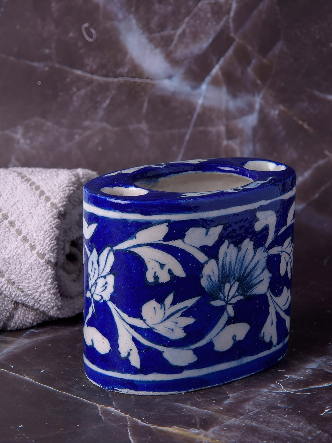 INDIA MEETS INDIA Blue & White Printed Ceramic Toothbrush Holder
