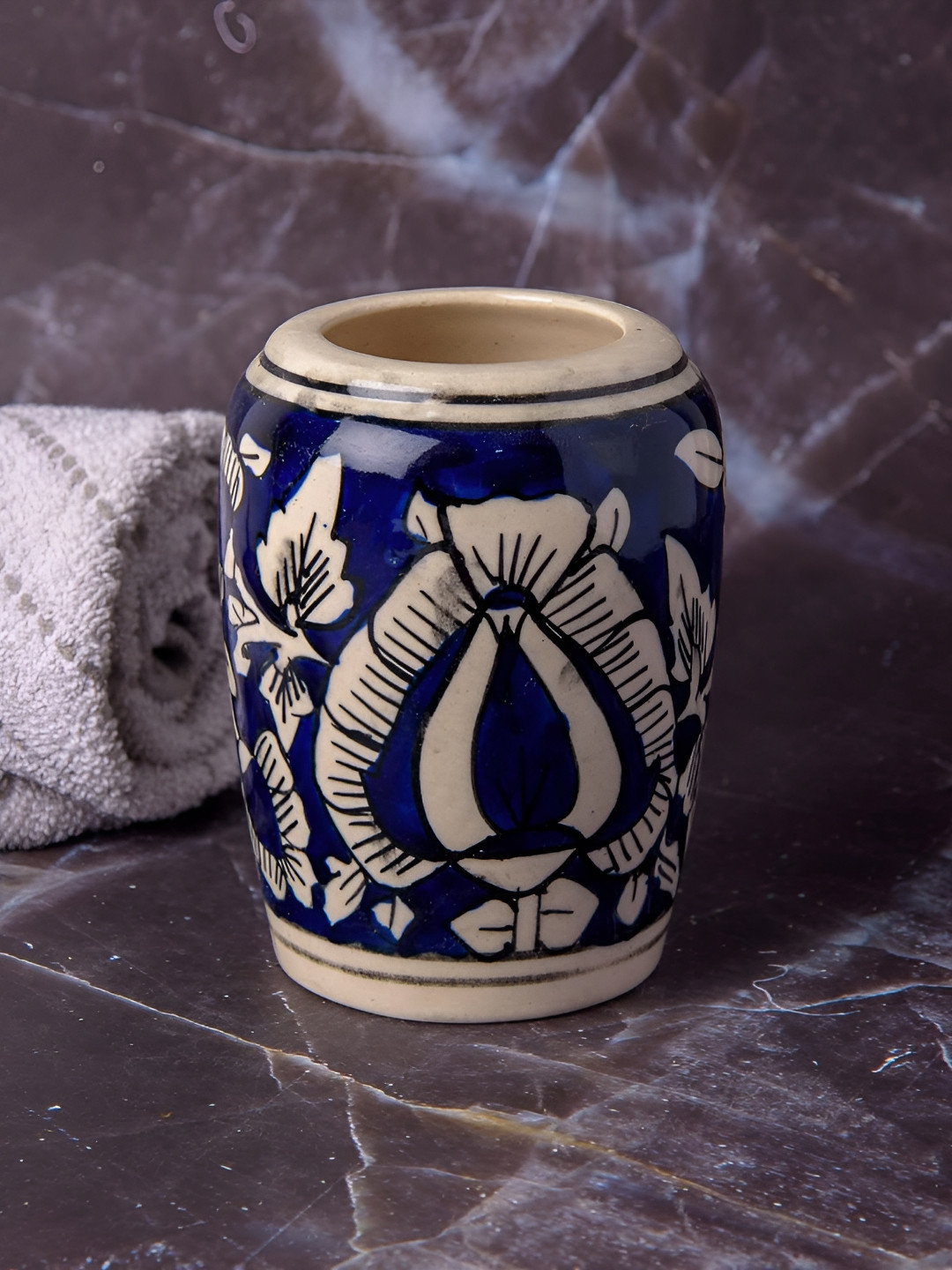INDIA MEETS INDIA Blue & Beige Printed Ceramic Toothbrush Holder