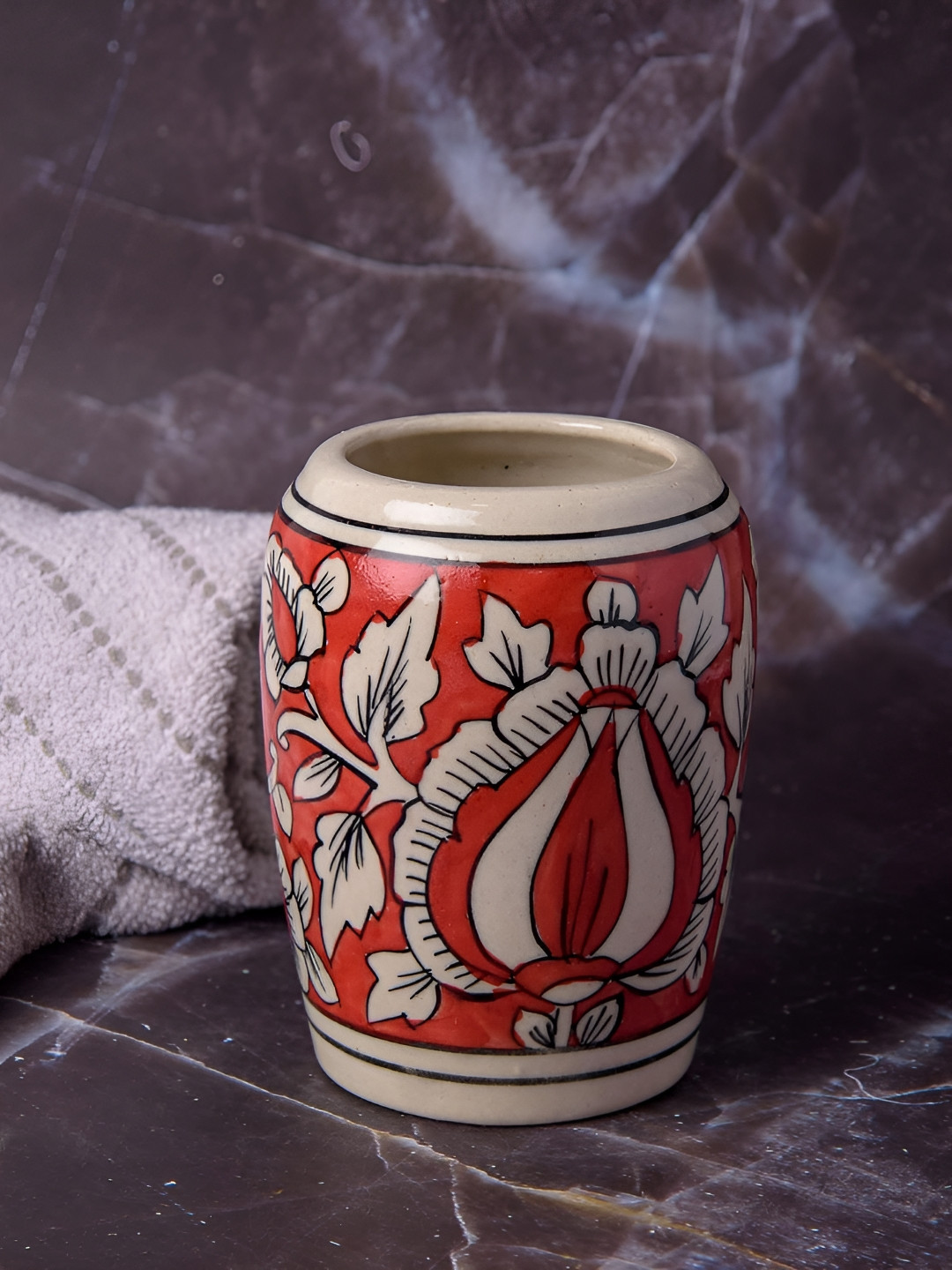INDIA MEETS INDIA Red & Beige Printed Ceramic Toothbrush Holder