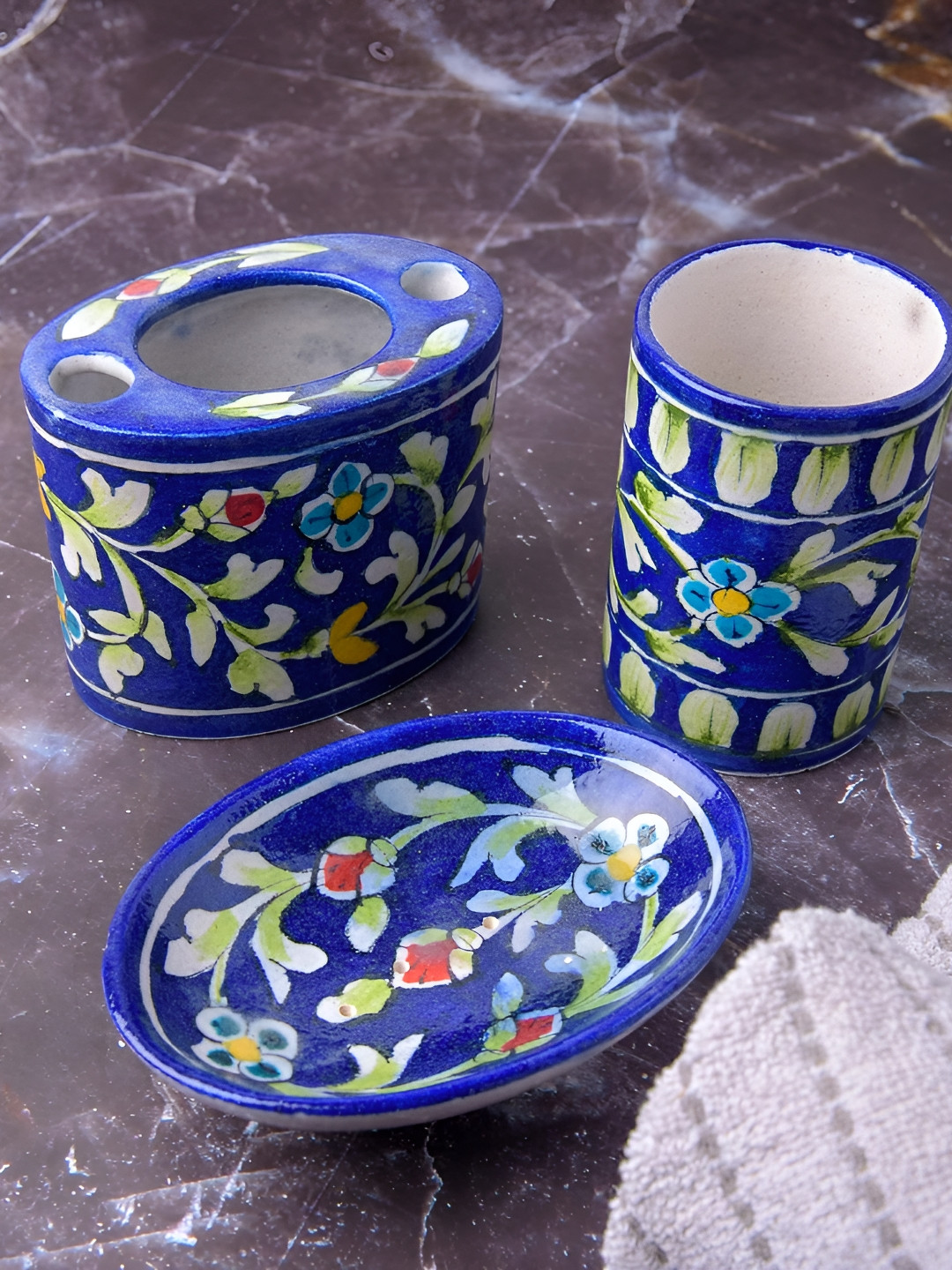 INDIA MEETS INDIA Blue & Green 3 pieces Printed Ceramic Bath Accessories Set