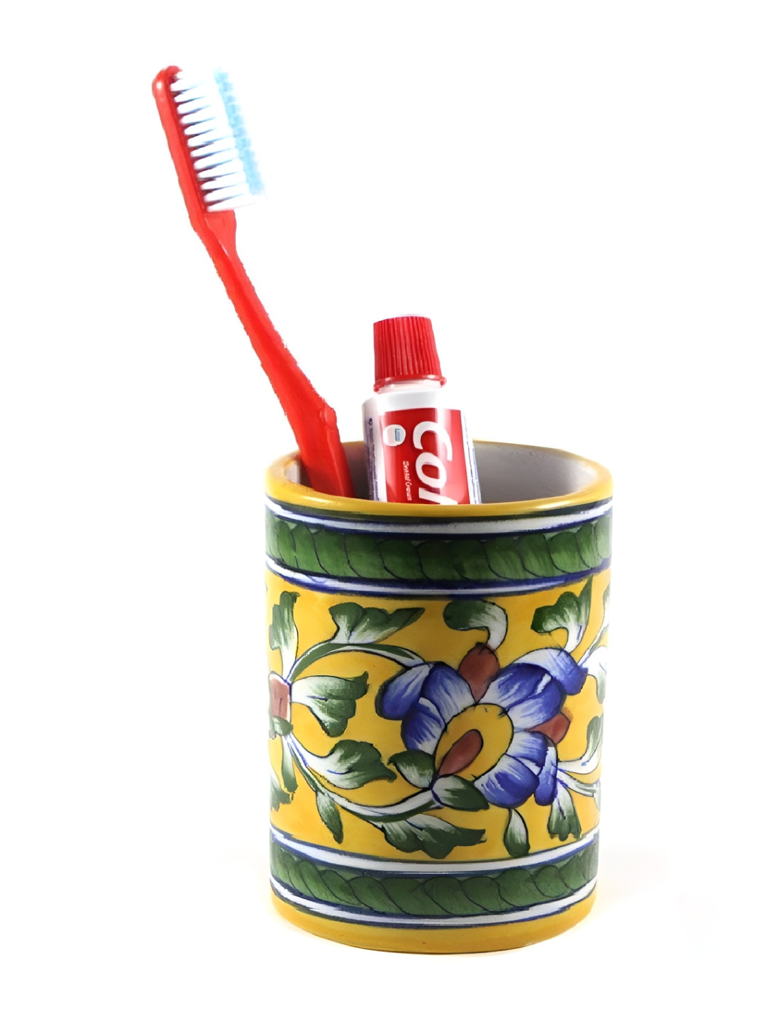 INDIA MEETS INDIA Yellow & Green Printed Ceramic Toothbrush Holder
