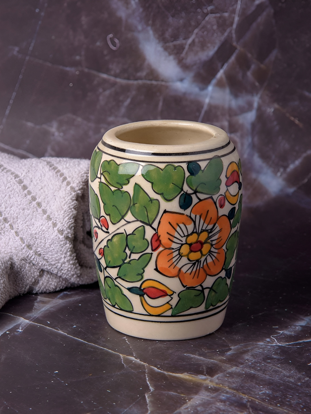 INDIA MEETS INDIA Green & Orange Printed Ceramic Toothbrush Holder