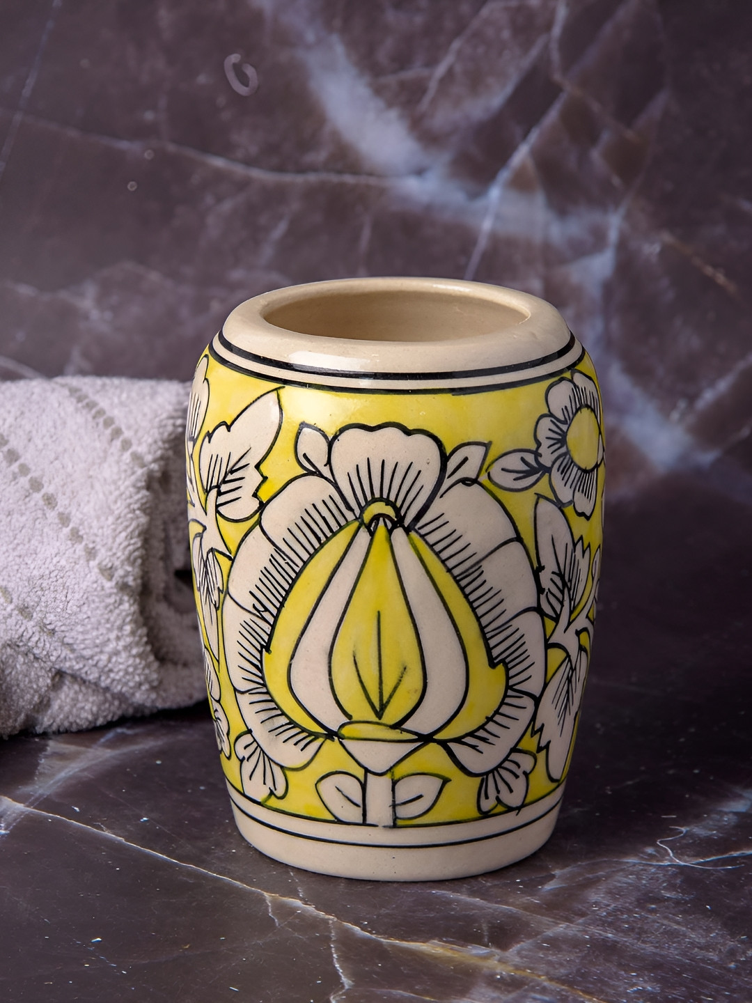 INDIA MEETS INDIA Yellow & Beige Printed Ceramic Toothbrush Holder