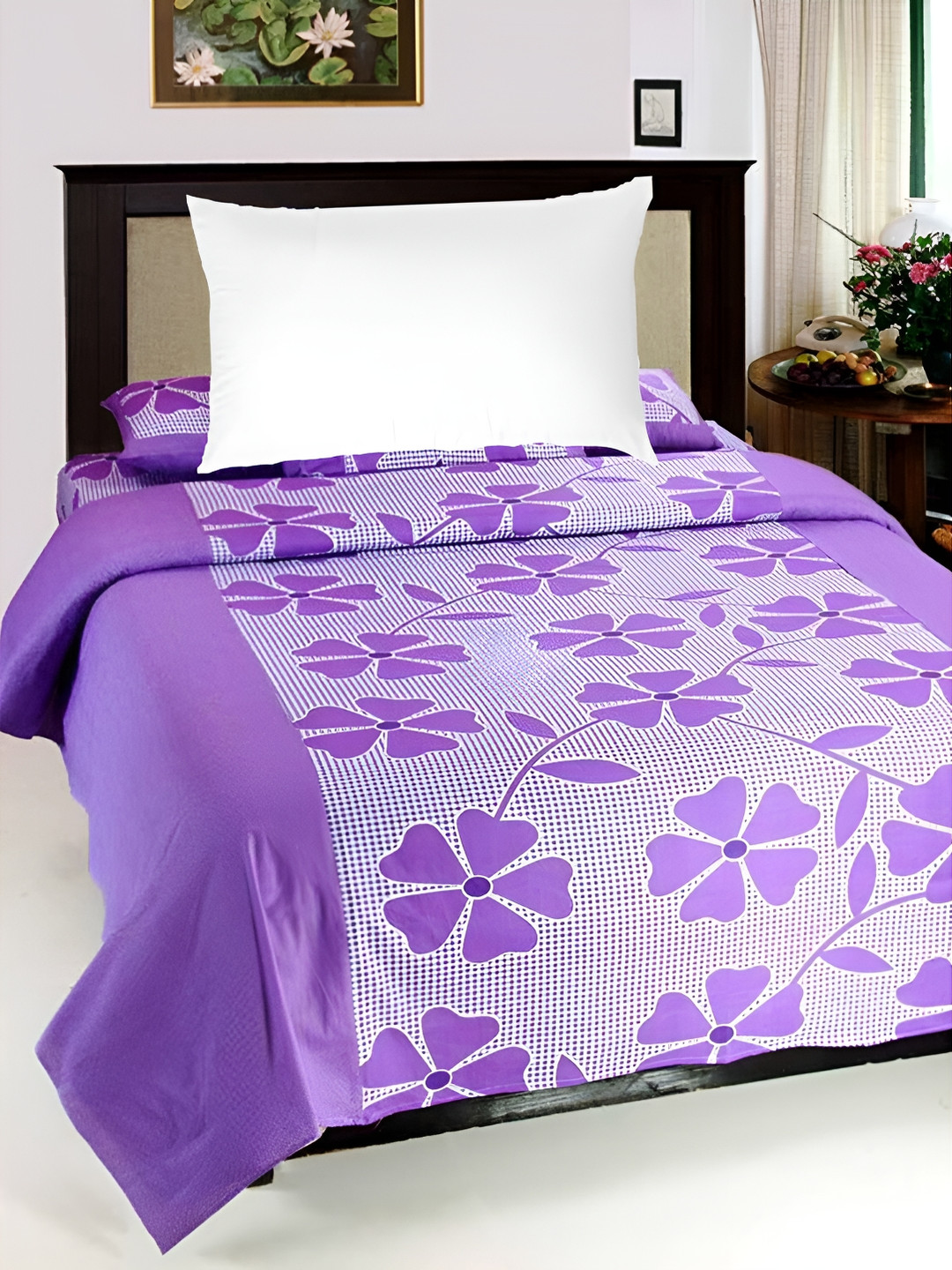 Supreme Home Collective Purple Floral Microfiber Easy Care 144 TC Single Bedsheet -59 x 89 inches