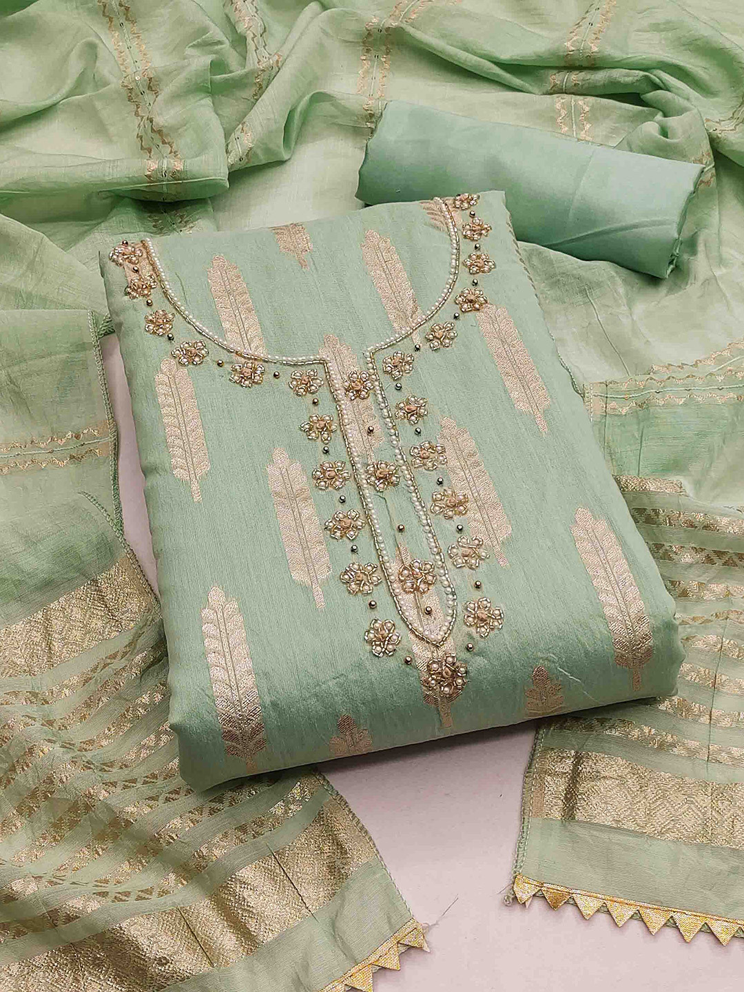 KALINI Ethnic Motifs Woven Design Beads and Stones Unstitched Dress Material