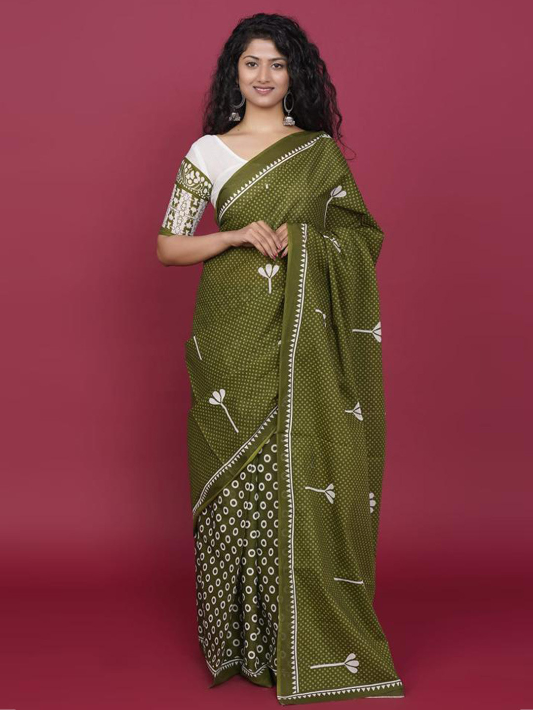 KIAARON Floral Printed  Cotton Linen Block Print Saree