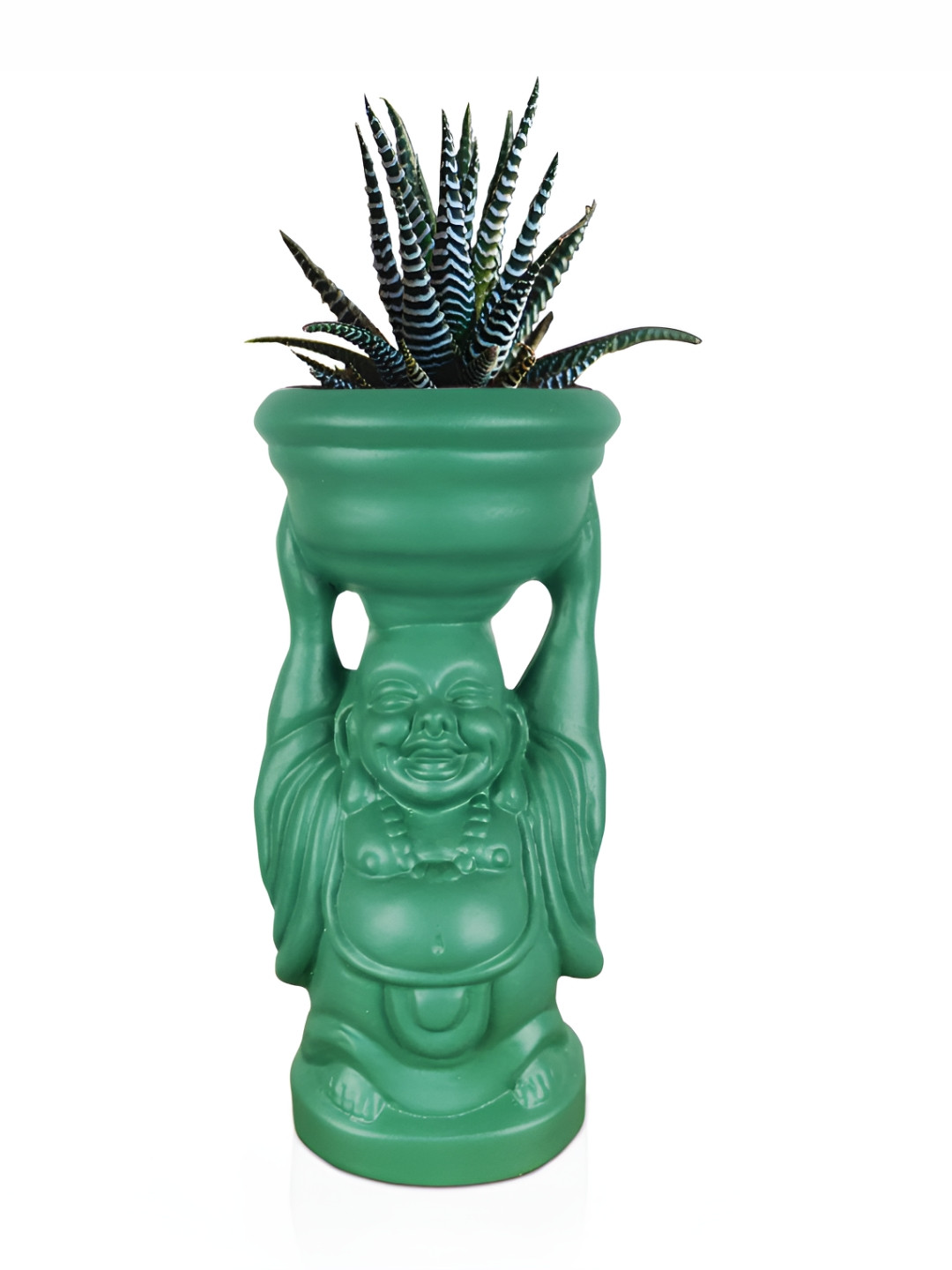 LASAKI Green Textured Laughing Buddha Shape Ceramic Planter