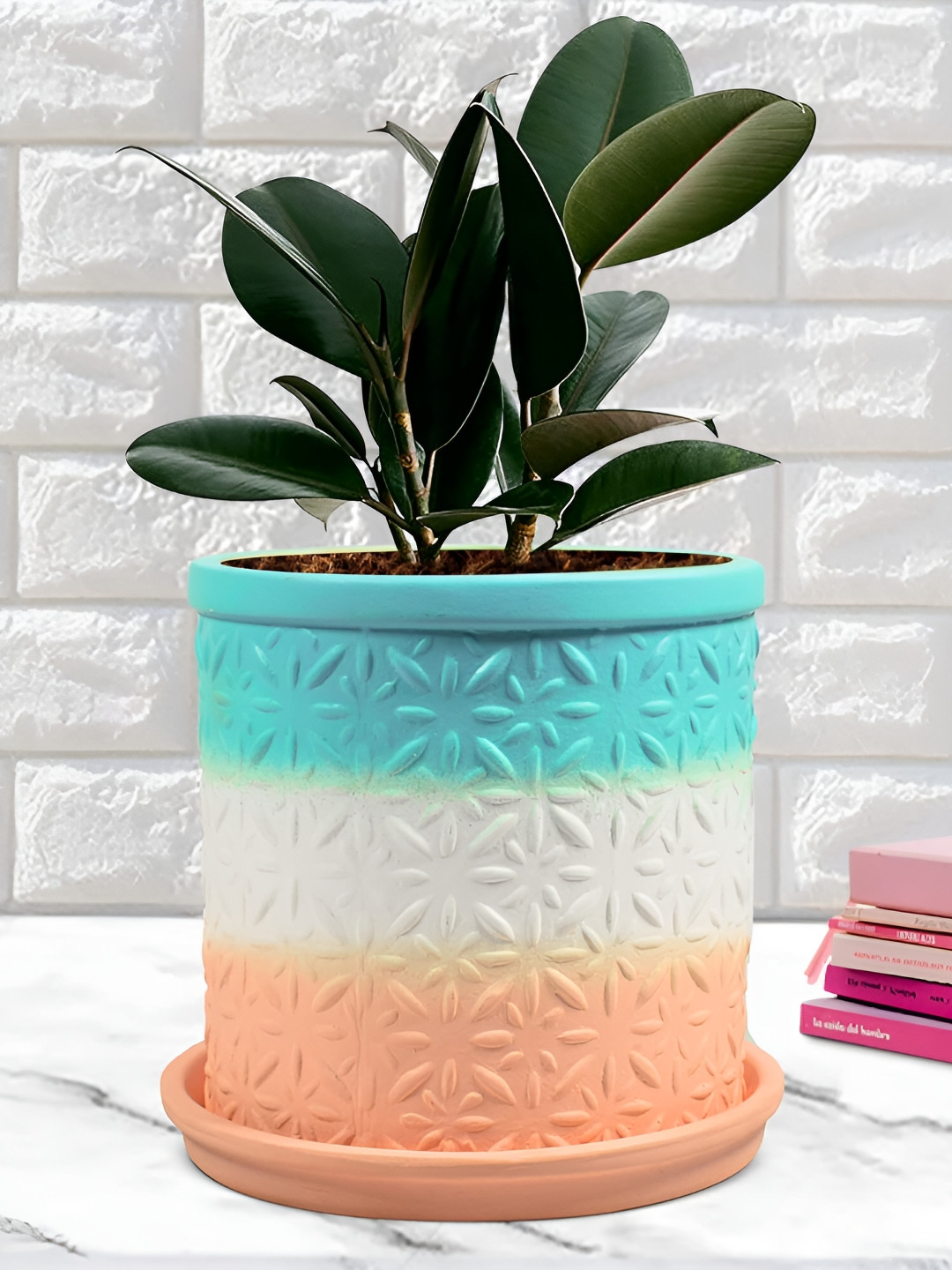 LASAKI Gloria Blue 2 Pieces Textured Ceramic Planter With Plate