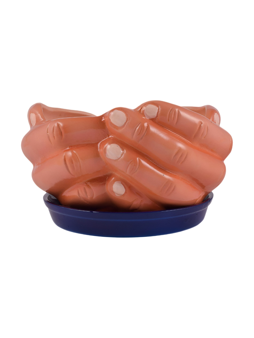 LASAKI Brown & Blue 2 Pieces Textured Hand Shape Ceramic Planter With Tray