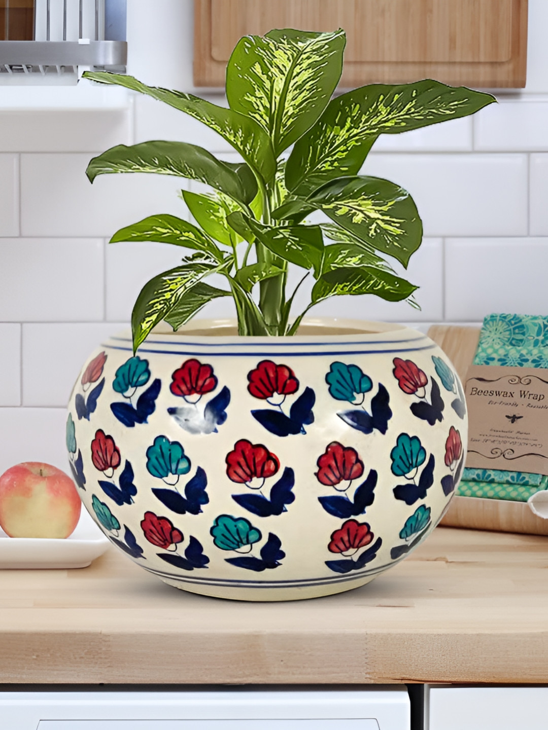 LASAKI Ballu Maroon & Green Textured Ceramic Planter With Holder