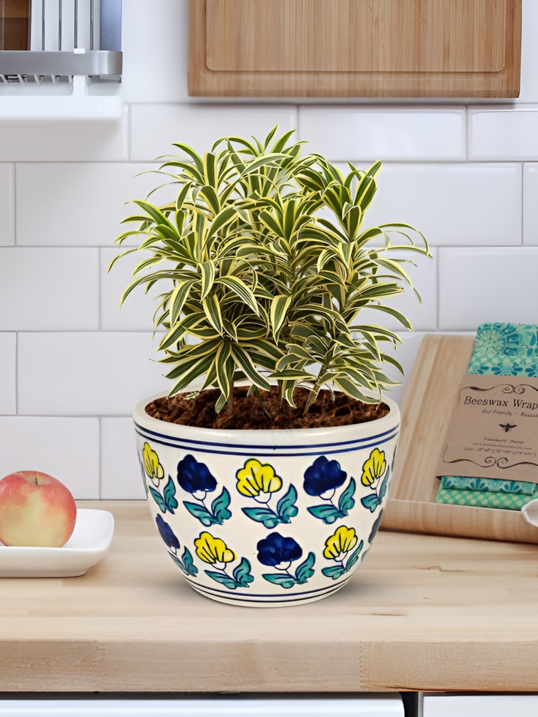 LASAKI Blue & Yellow Textured Ceramic Planter With Holder