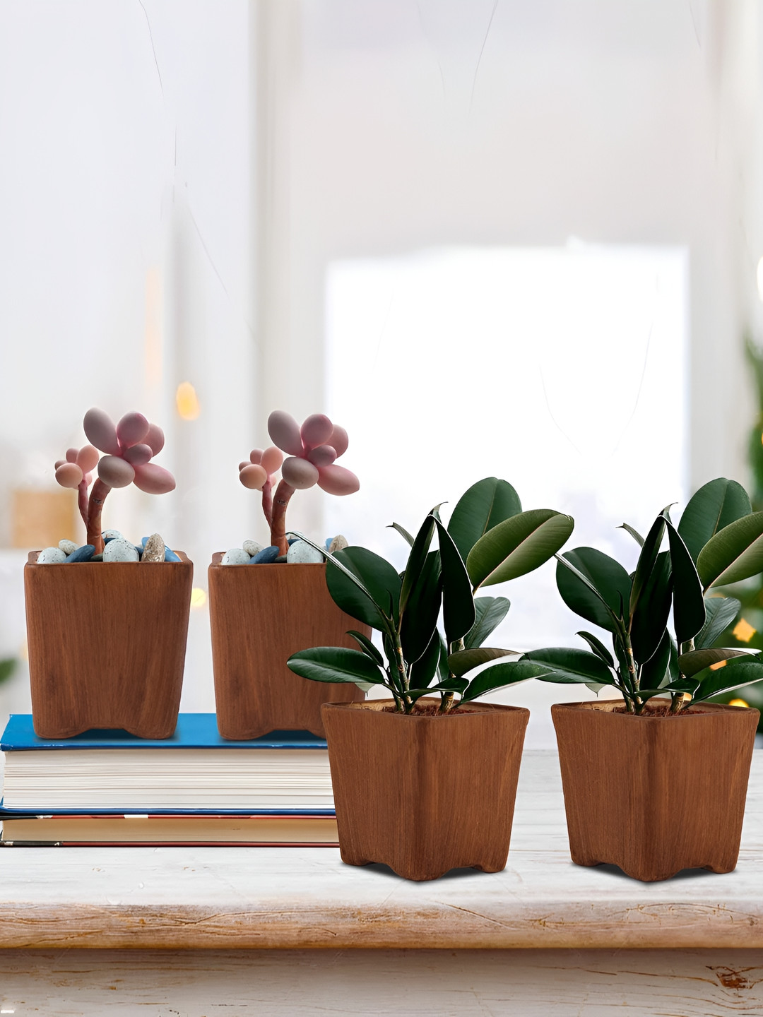 LASAKI Brown 4 Pieces Textured Ceramic Planter With Holder