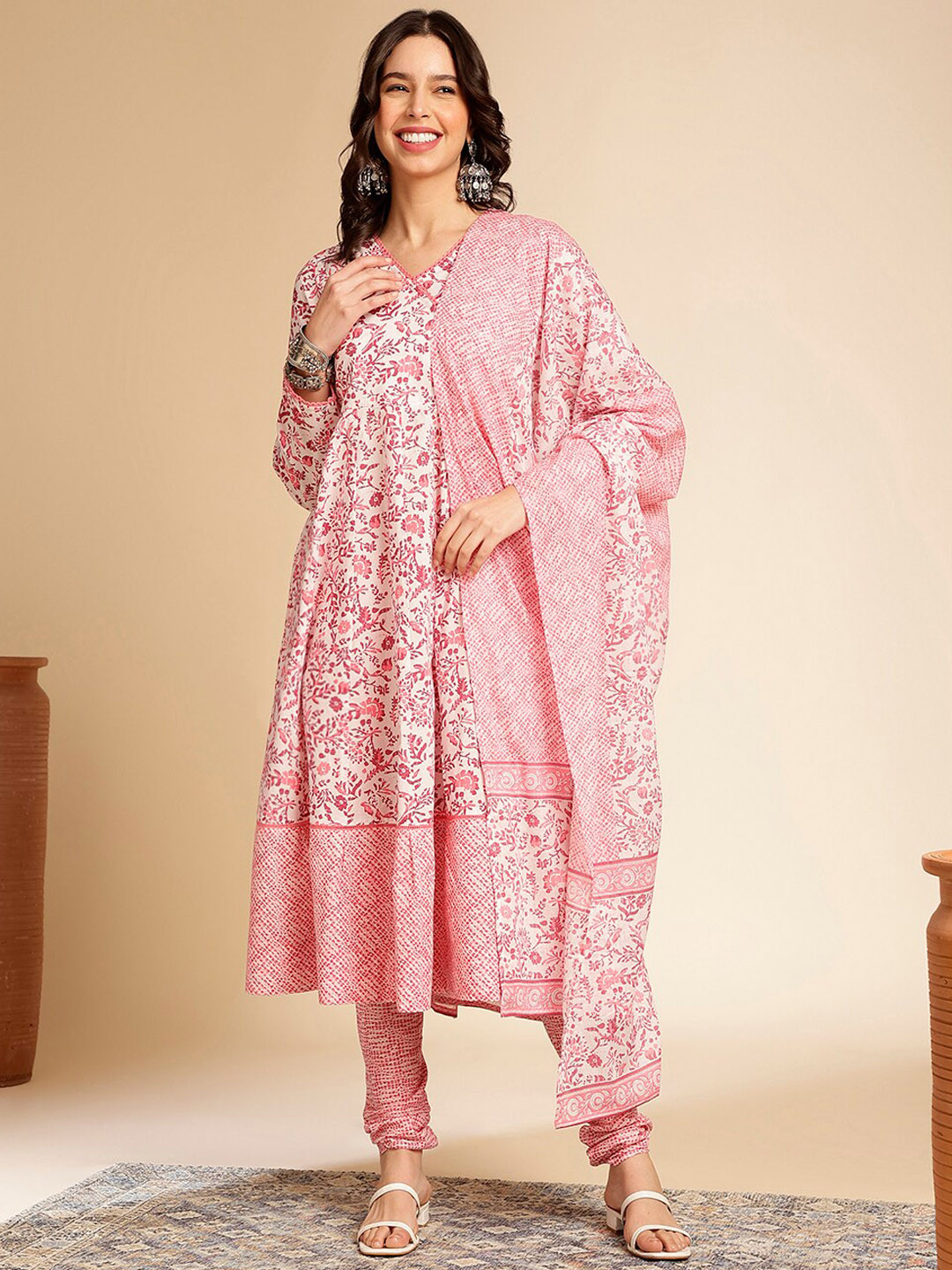 Anouk Floral Printed Angrakha V-Neck Pure Cotton Kurta with Churidar & Dupatta