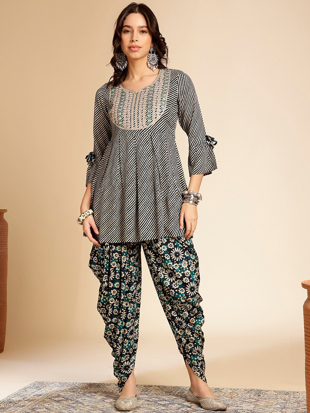 Anouk Striped Embroidered Notch Neck Flared Sleeves A-Line Kurti With Dhoti Pants