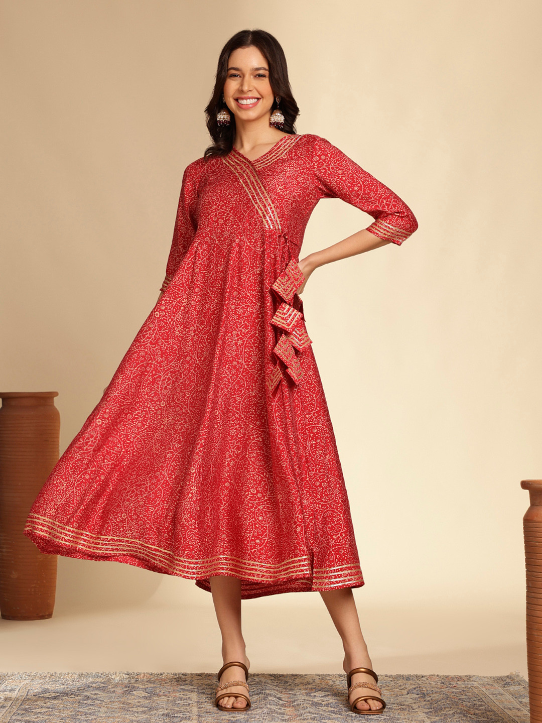 Anouk Red Floral Printed V-Neck Gotta Patti Anarkali Kurta