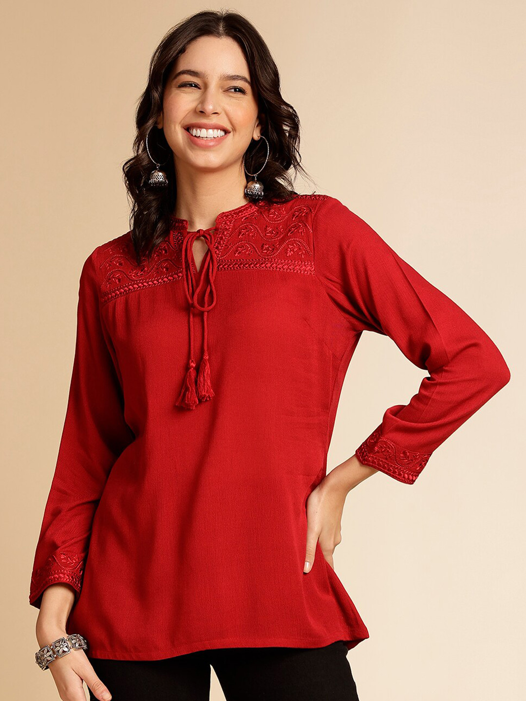 Anouk Tie-Up Neck Thread Work Short Kurti