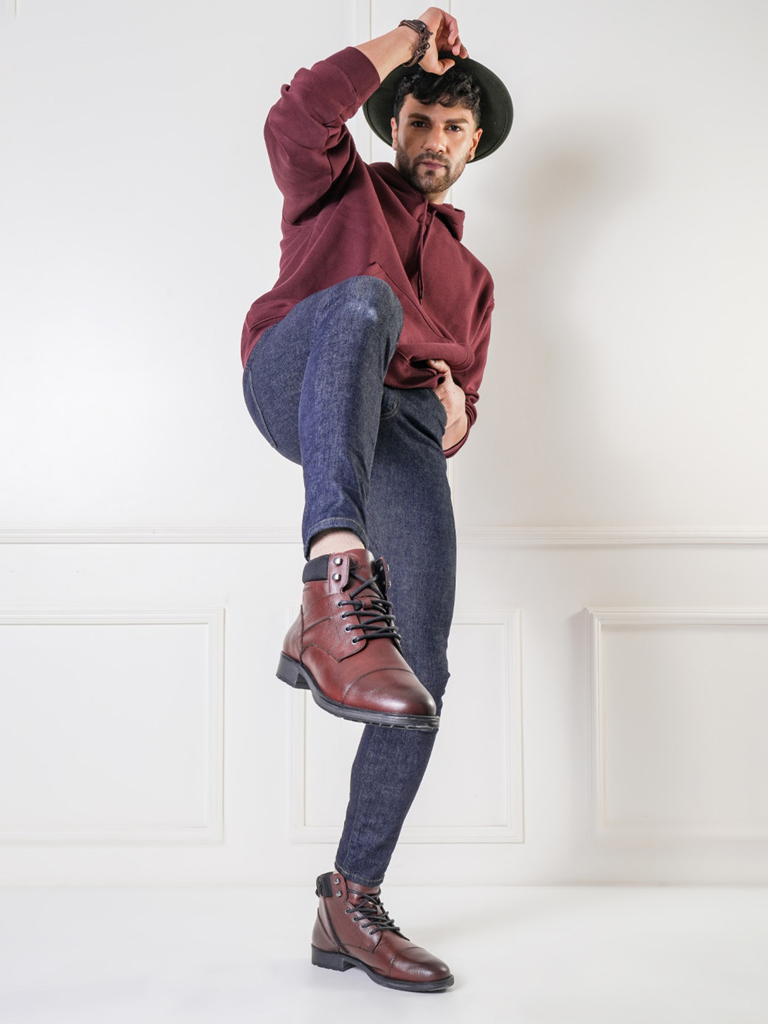 THOMAS CRICK Men Textured Leather Biker Boots