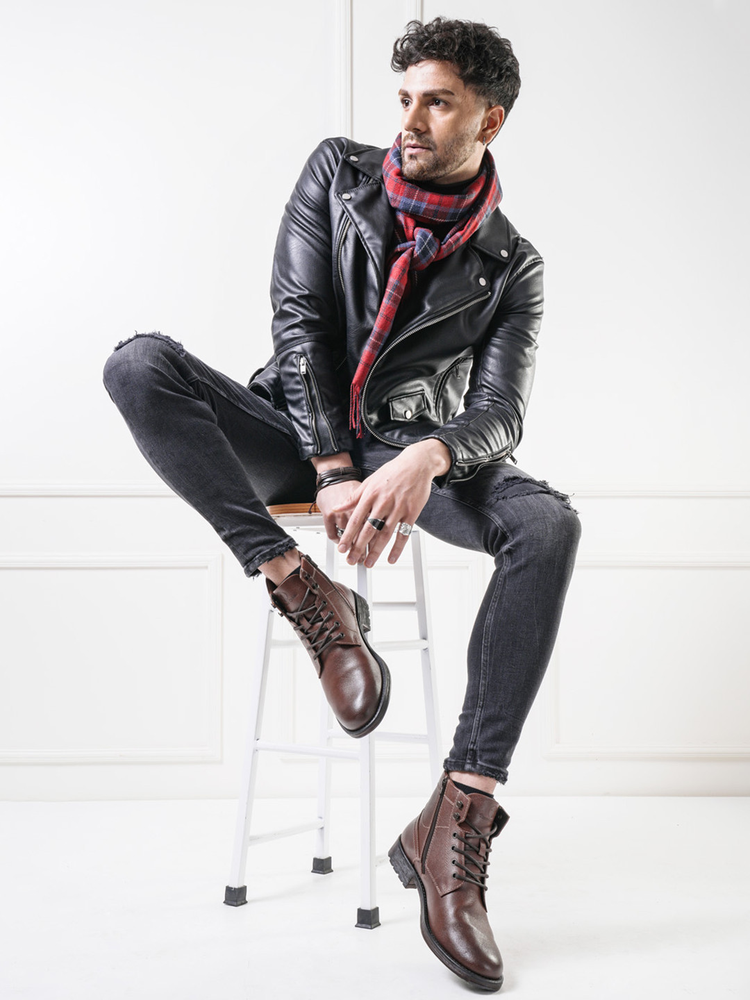 THOMAS CRICK Men Textured Leather Biker Boots