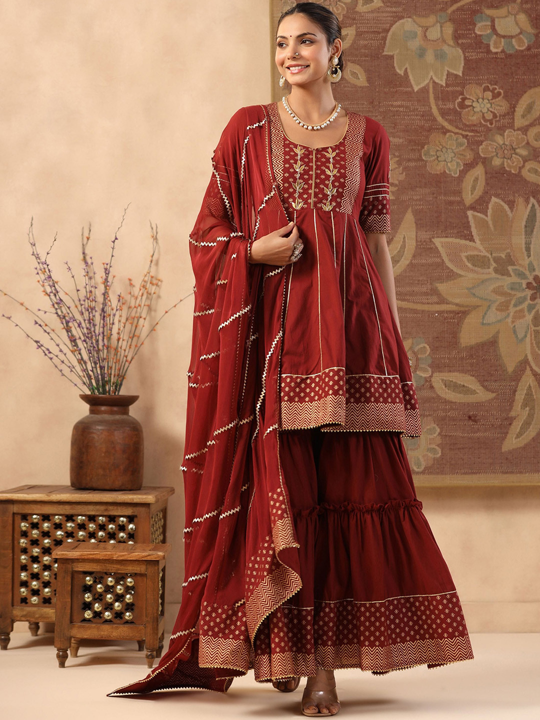 GILLORI Ethnic Motifs Embroidered Empire Gotta Patti Kurti with Sharara & Dupatta