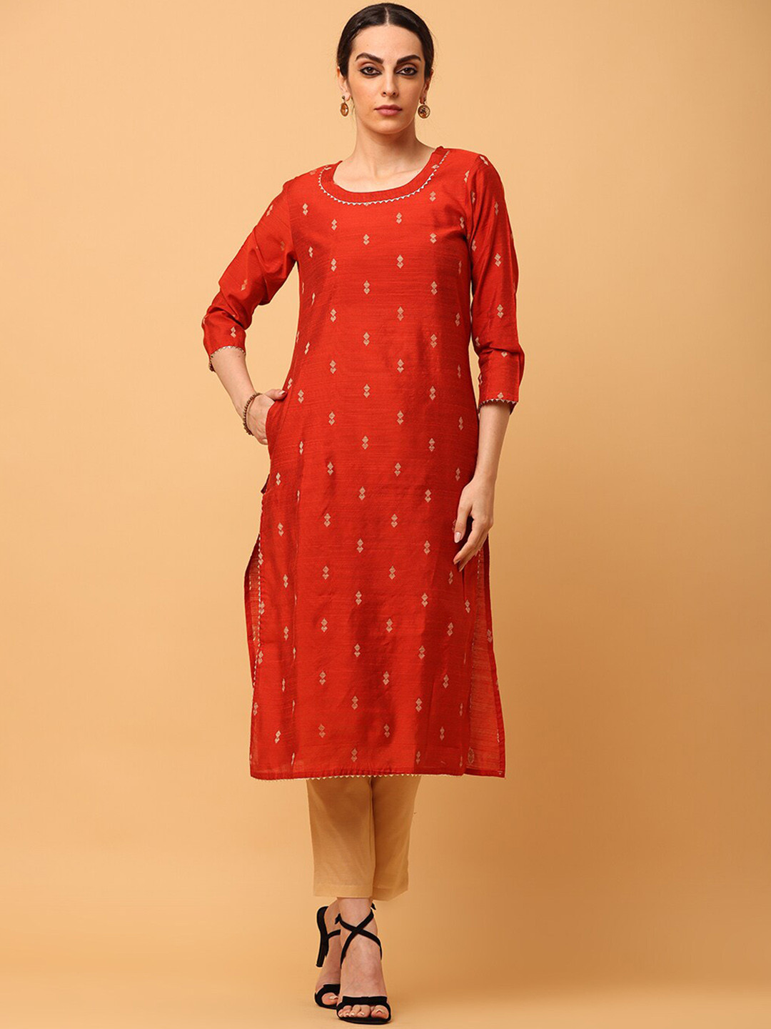 aayusika Woven Design Round Neck Three Quarter Sleeves Straight Kurta