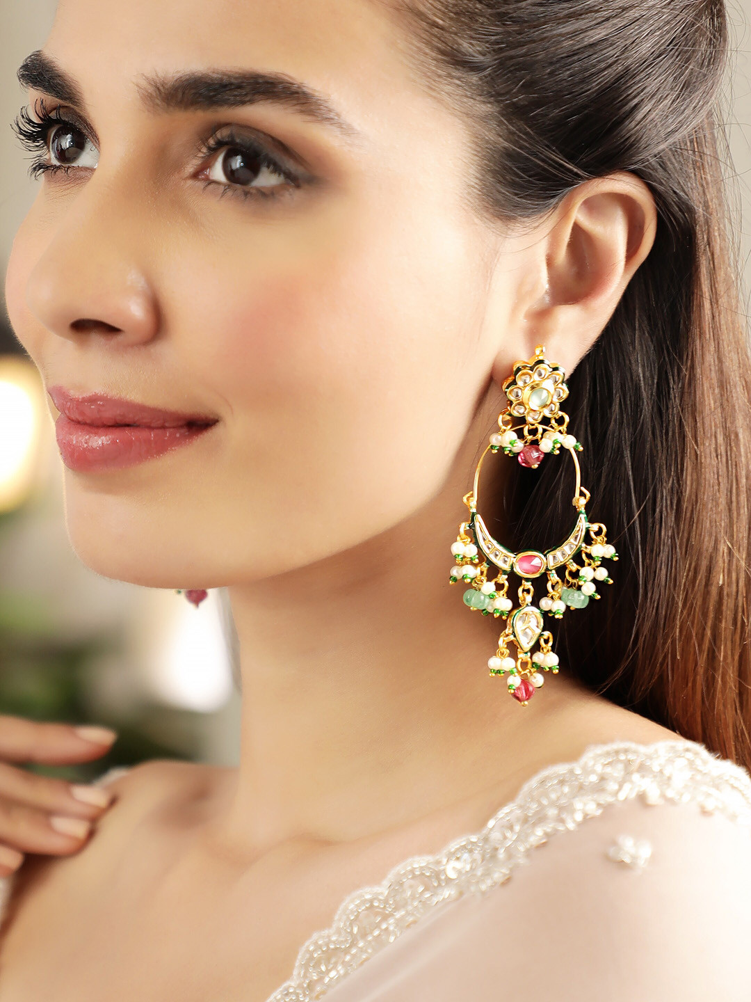Rubans 22K Gold-Plated Multi-Color Stone & Kundan Studded Chandbali Earrings with Beads