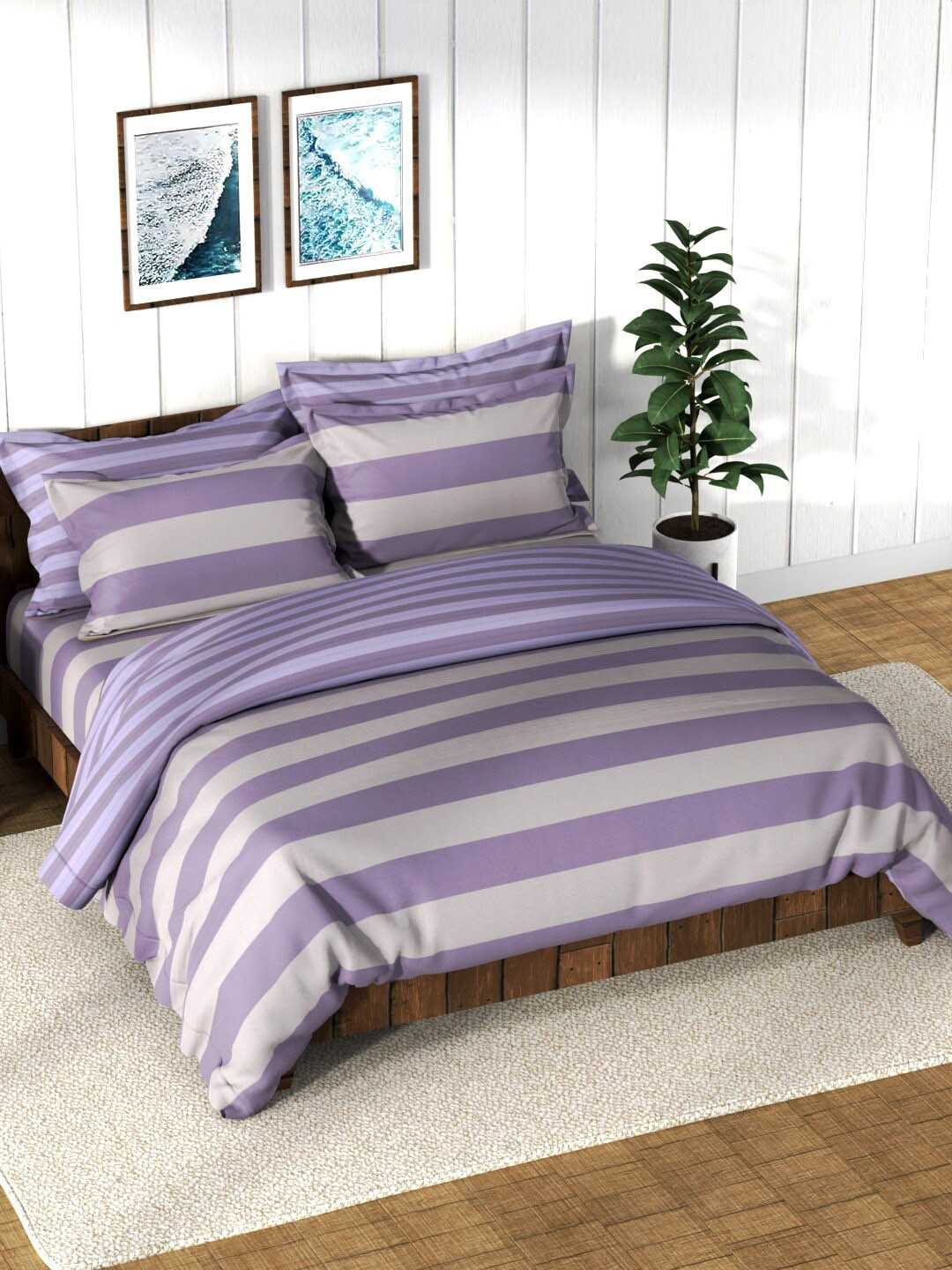 Nautica Purple & Grey Checked Cotton Super Soft Double Queen Bedding Set