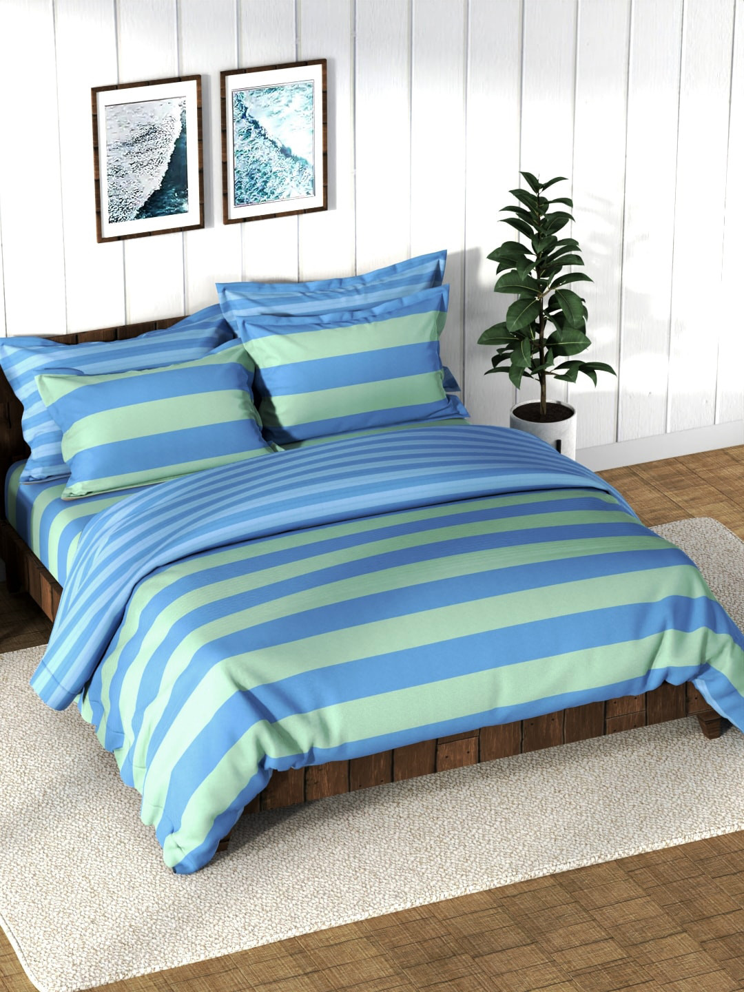Nautica Blue & Green Striped Cotton Super Soft Double Queen Bedding Set
