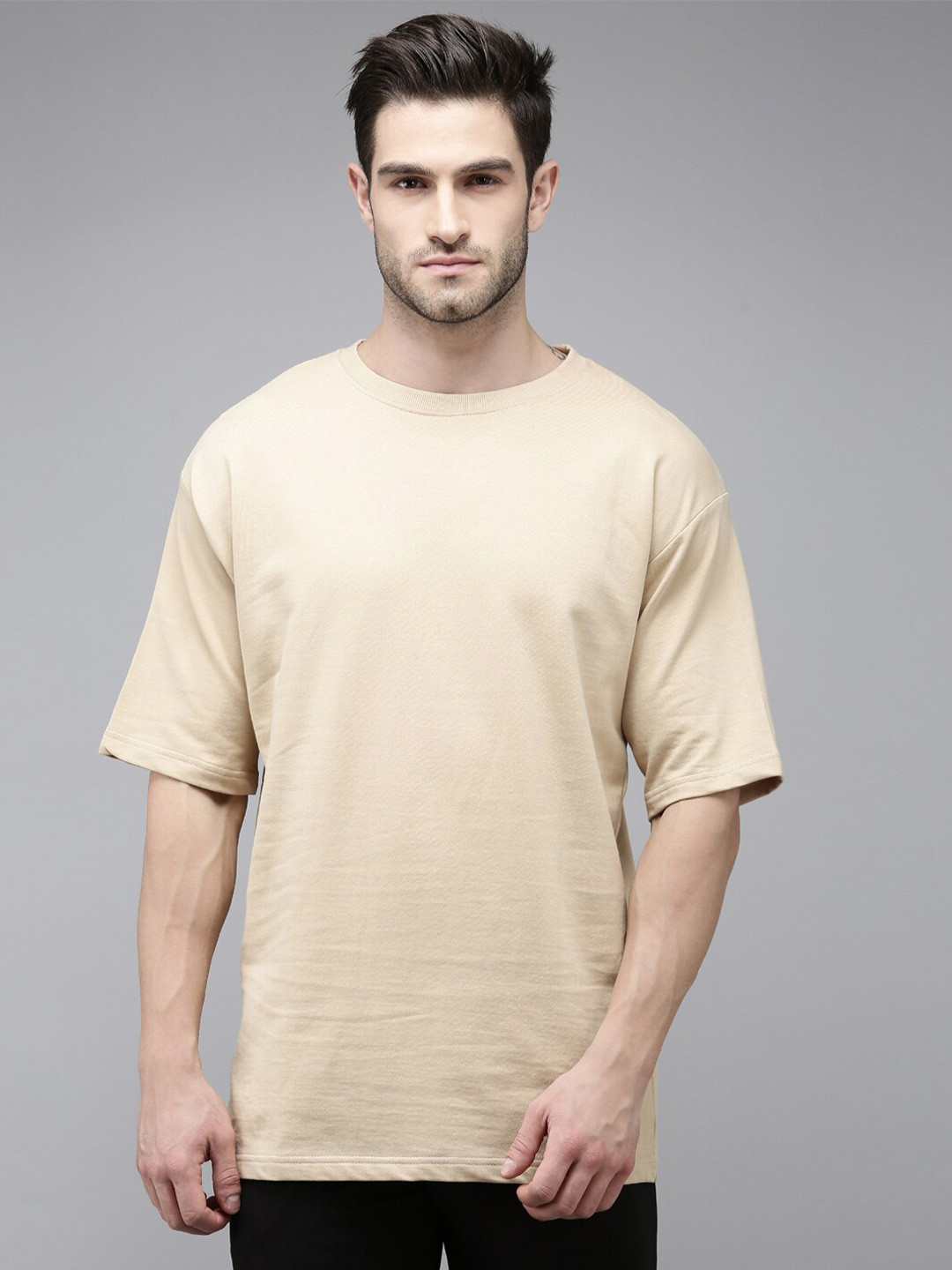 MADSTO Round Neck Drop-Shoulder Sleeves Cotton Oversized T-Shirt
