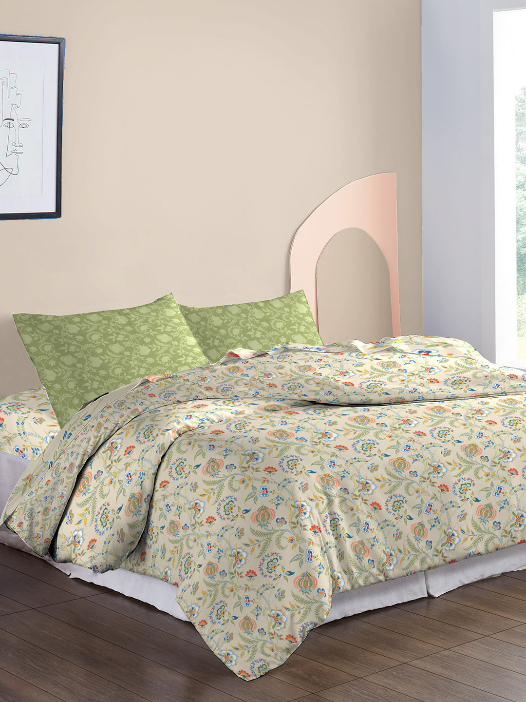 MYTRIDENT Beige & Green Pure Cotton Mild Winter Double King Bedding With 2 Pillow Covers