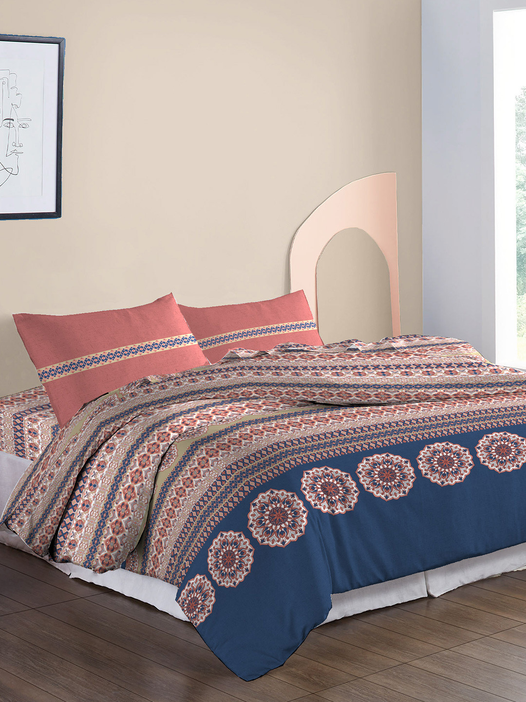 MYTRIDENT Blue & Beige Pure Cotton Mild Winter Double King Bedding With 2 Pillow Covers