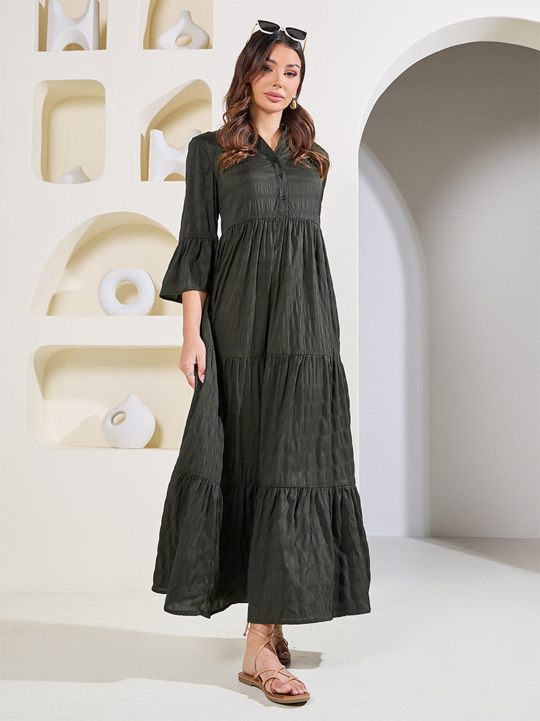 Styli Khaki Self Design Mandarin Collar Bell Sleeve Gathered Tiered Maxi Dress