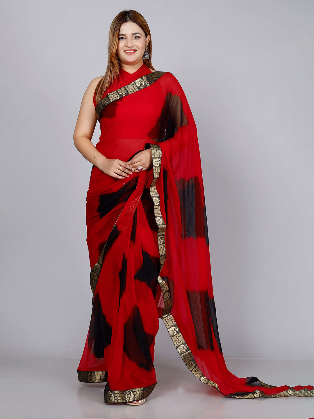 VL SAREES Geometric Printed Zari Pure Chiffon Leheriya Saree