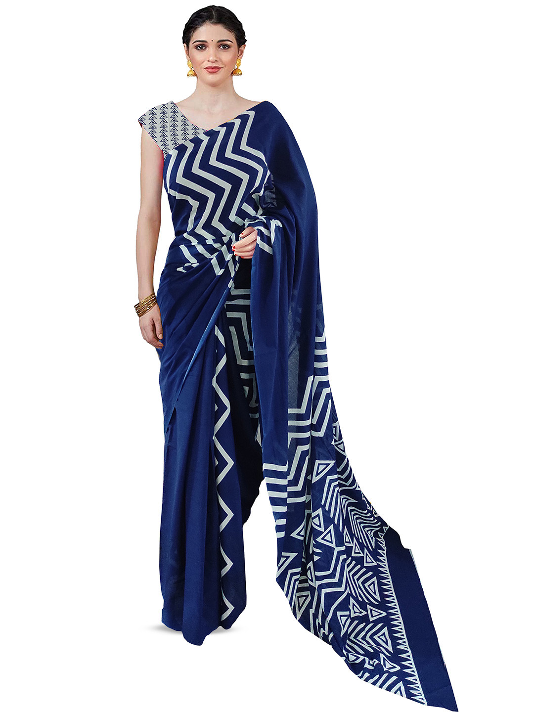 JAIPURI BLOCK PRINT Chevron Printed Pure Cotton Saree