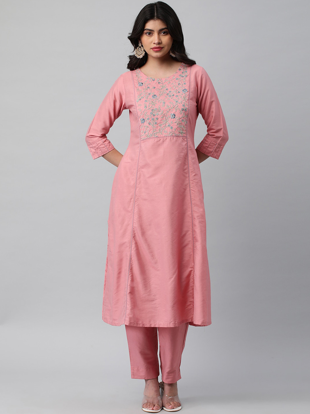 KAMI KUBI Round Neck Floral Embroidered A Line Kurta