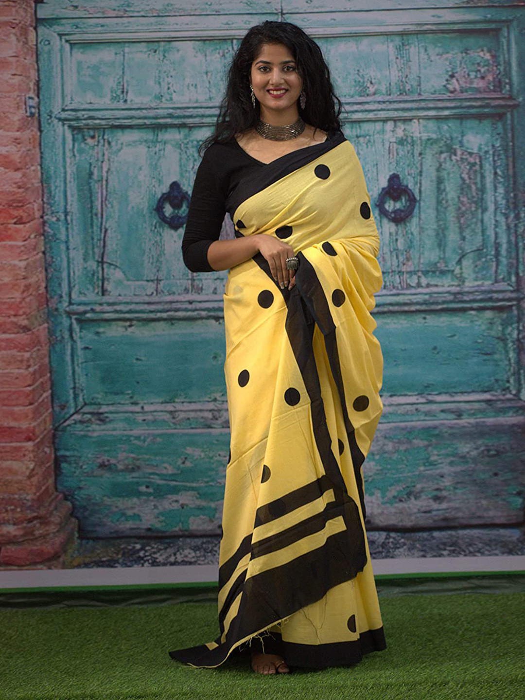 JAIPURI BLOCK PRINT Polka Dot Block Printed Saree