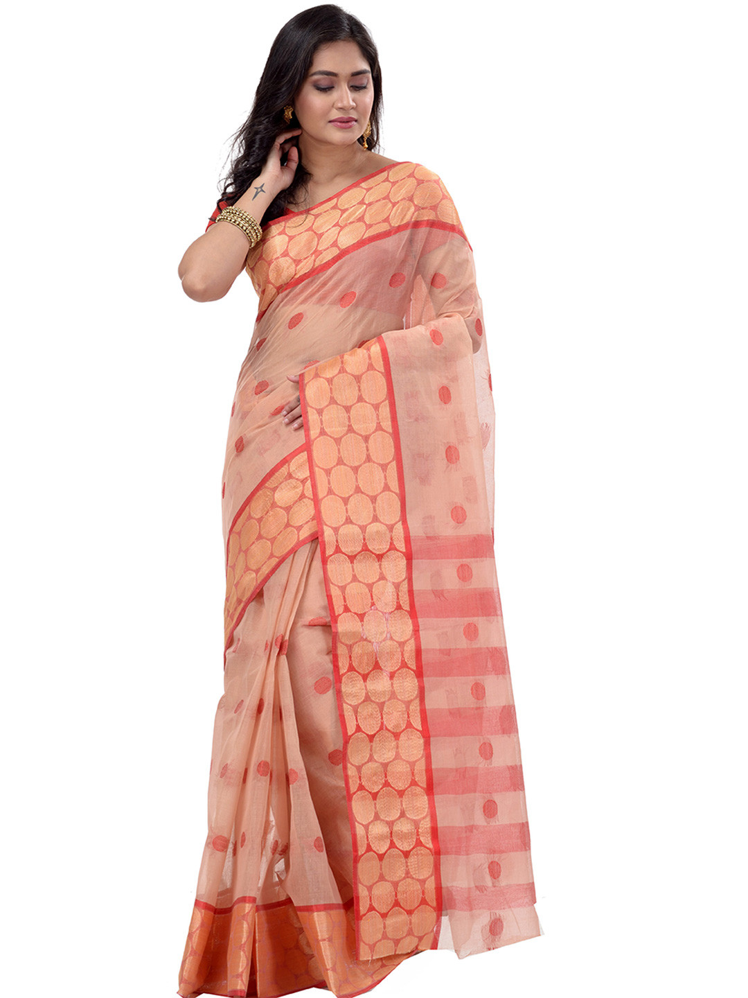 PuJoy Polka Dot Woven Design Zari Pure Cotton Taant Saree