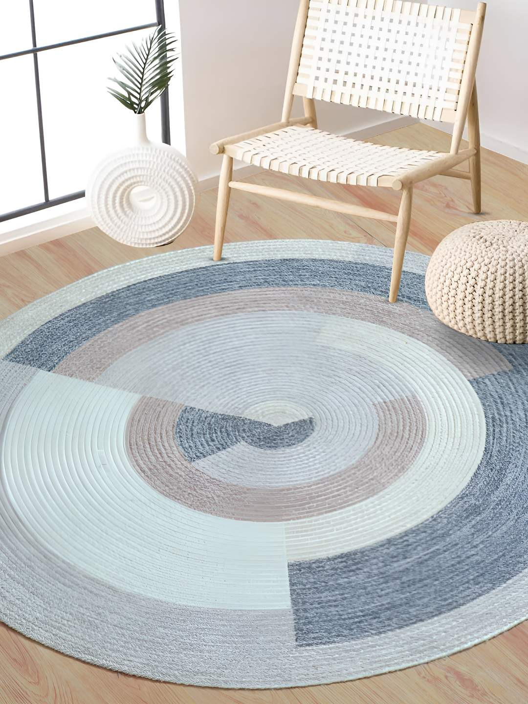 BELLA TRUE Grey & White Geometric Printed Round Water Resistant Cotton Dhurrie