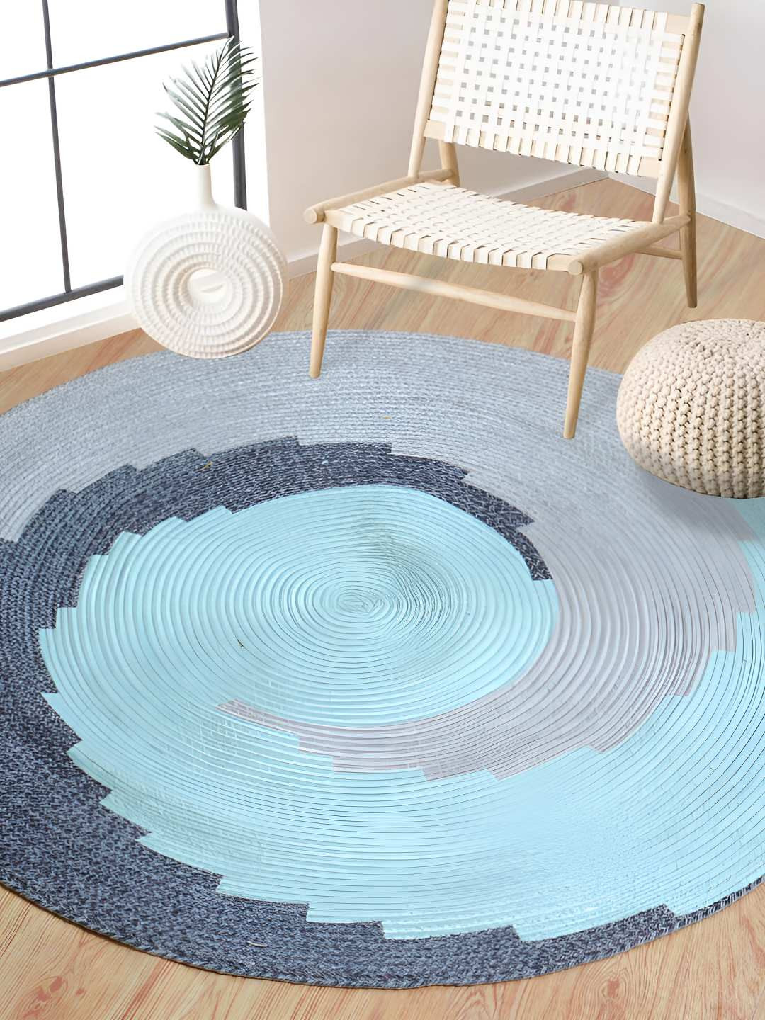 BELLA TRUE Blue & Grey Geometric Printed Round Water Resistant Cotton Dhurrie