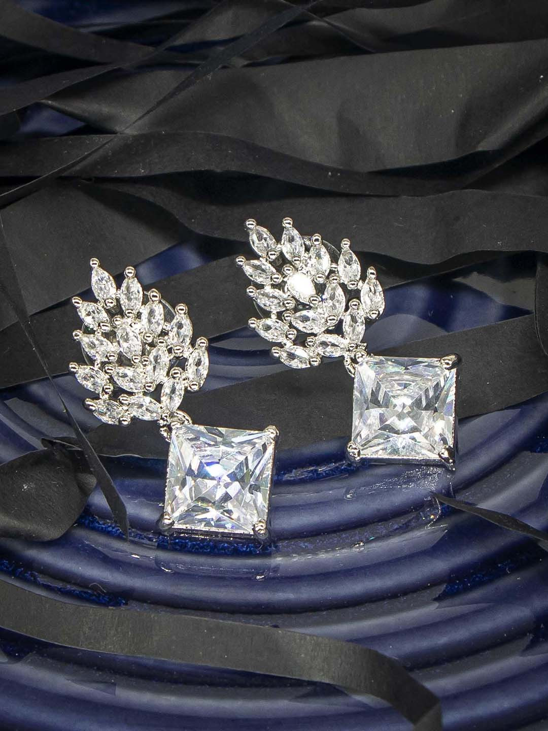 Manikya Rhodium-Plated Diamond Shaped Jhumkas
