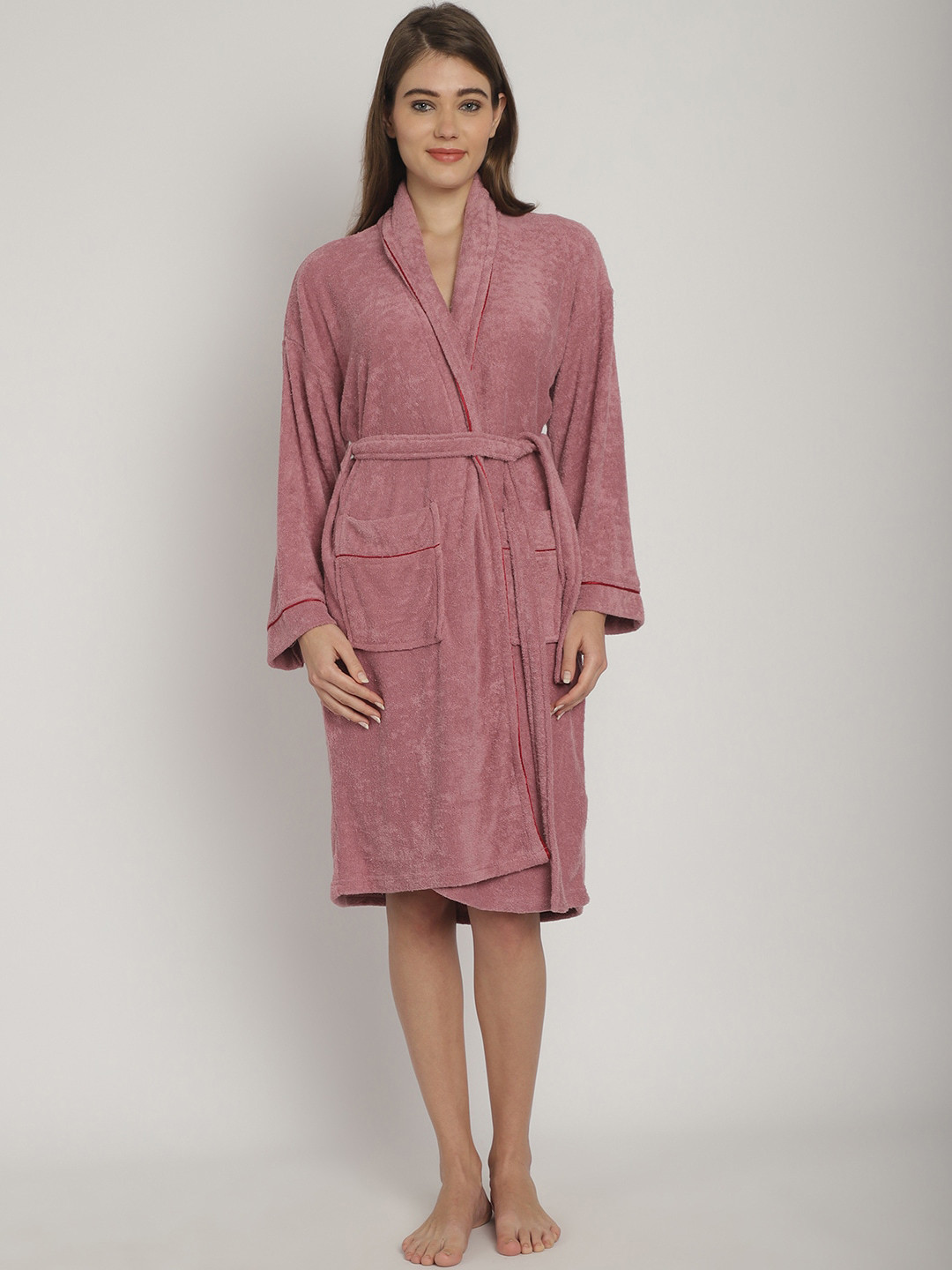ELEVANTO Pink Solid Cotton Drawstring Knee Length Bath Robe
