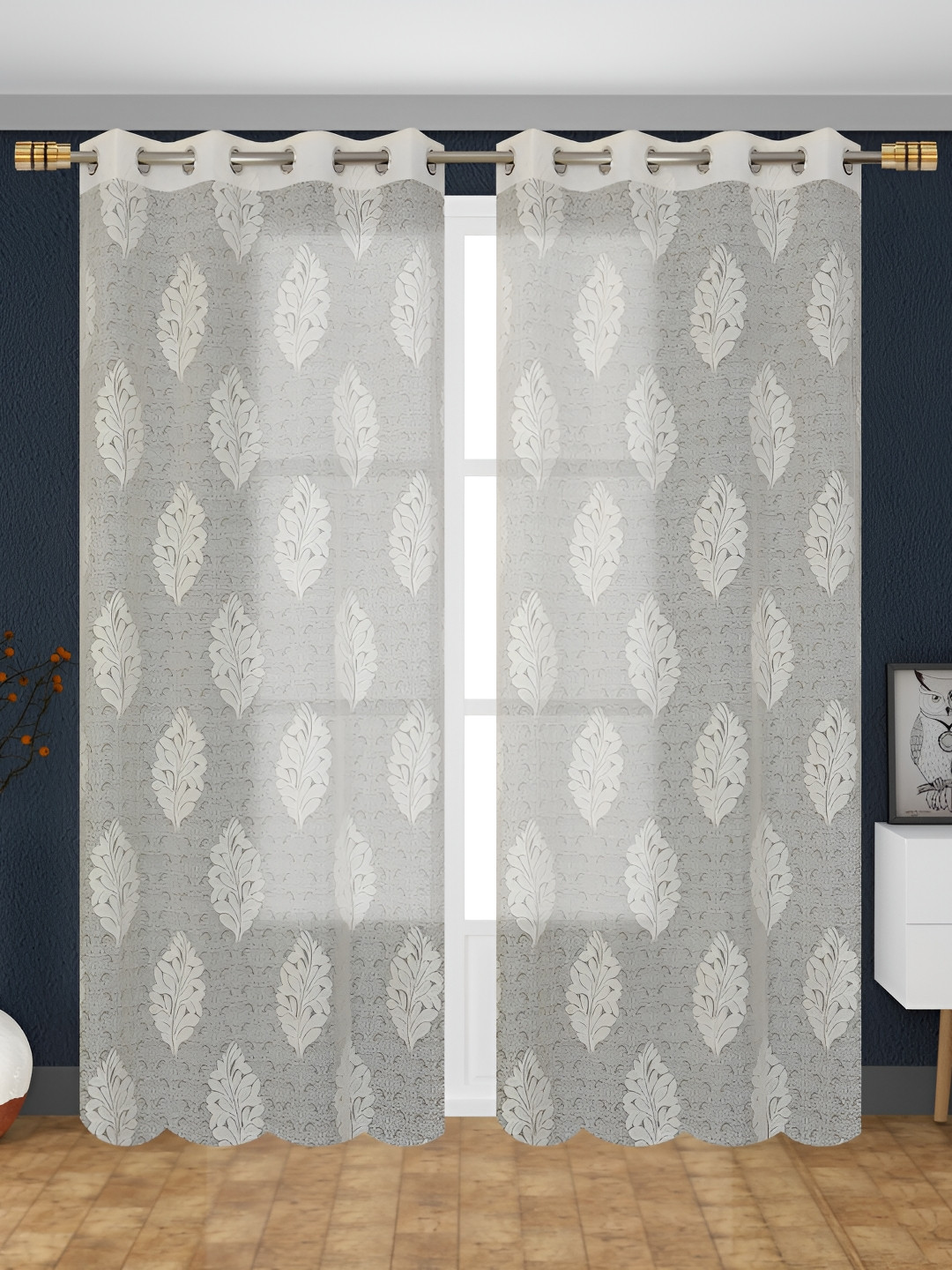 Aura Cream 2 Pieces Floral Sheer Door Curtains