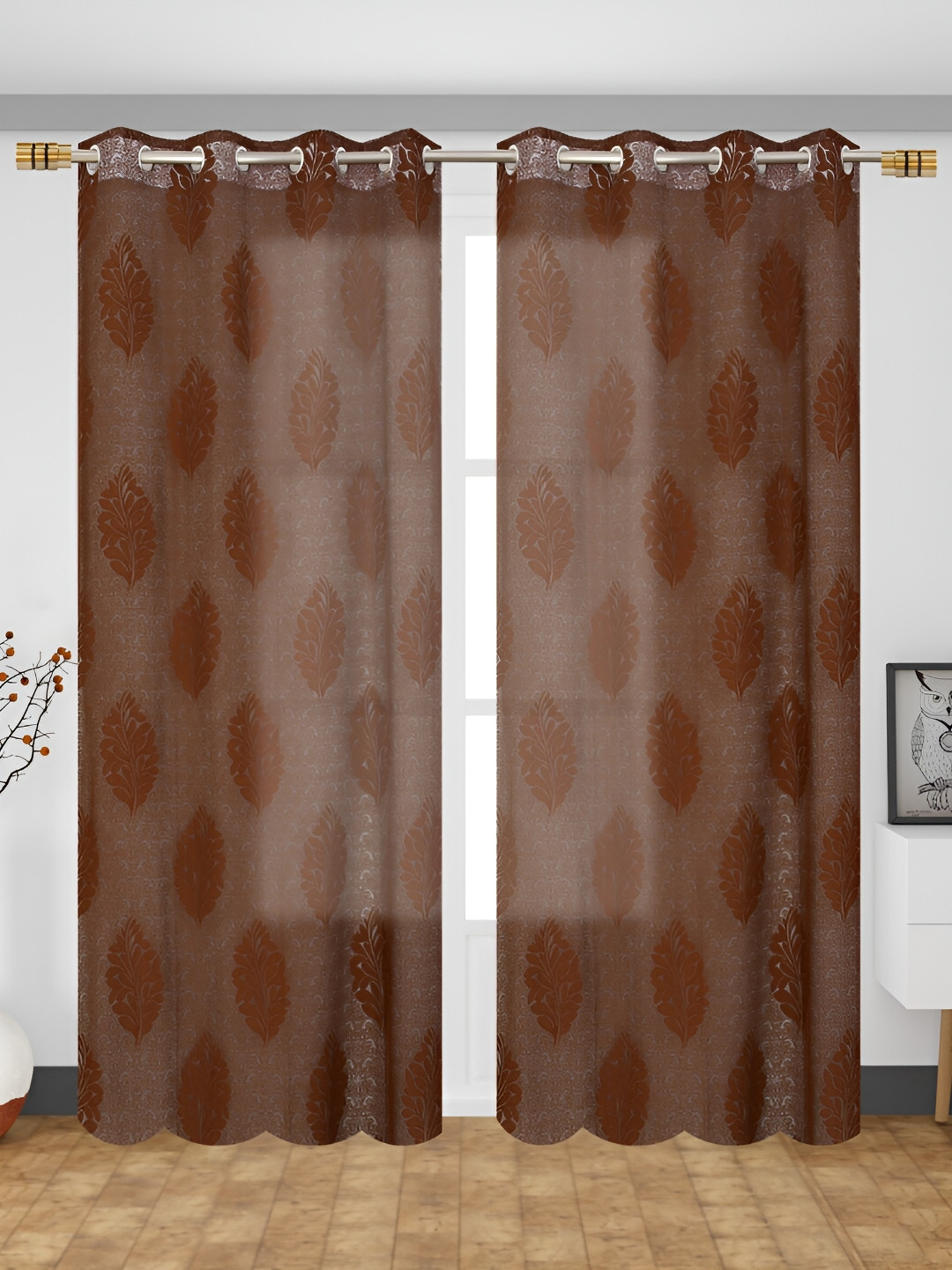 Aura Brown 2 Pieces Floral Sheer Long Door Curtains