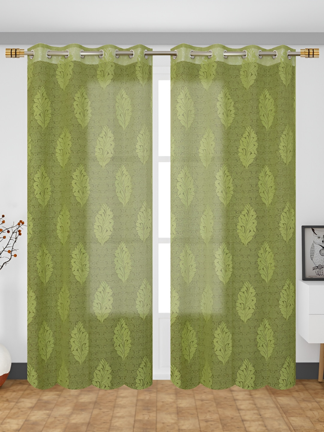 Aura Green 2 Pieces Floral Sheer Window Curtains