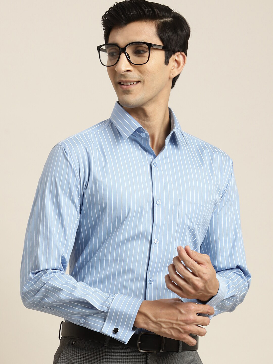 Hancock Standard Slim Fit Vertical Striped French Cuff Pure Cotton Formal Shirt